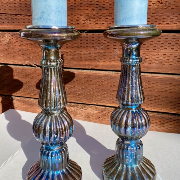 A Pair of Beautiful PILLAR BLUE GLASS CANDLE HOLDERS  2-PC - Picture 2 of 8